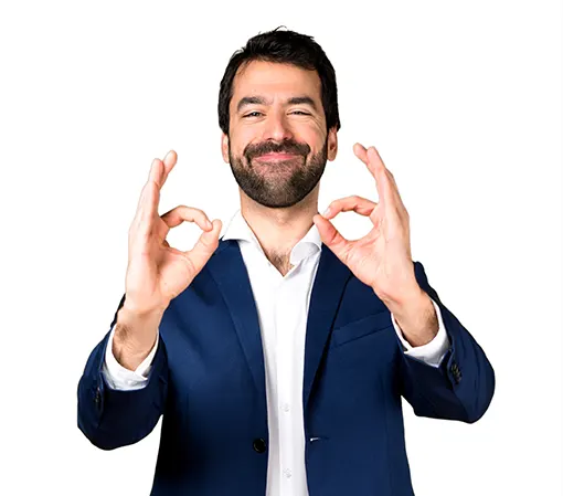 Handsome Caucasian male satisfied client in a navy blue suit, black pants and white shirt showing ok sign with both hands smiling front view