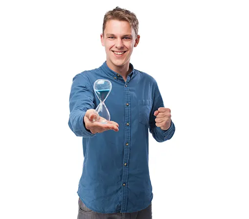 Young caucasian guy in blue shirt confident with an hourglass on his right extended hand front view