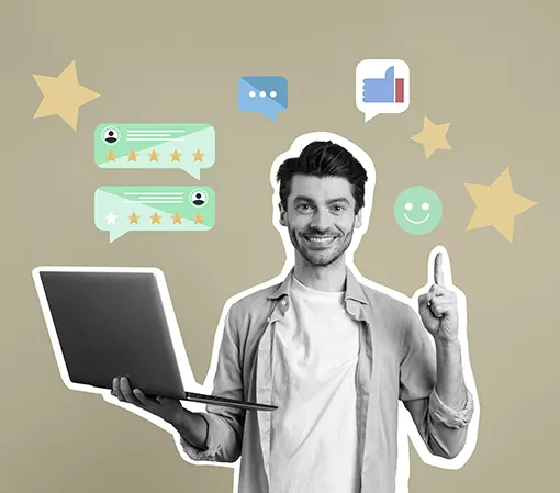 Extremely satisfied client smiling laptop in hand pointing to a happy smiley face with 5 stars collage front view