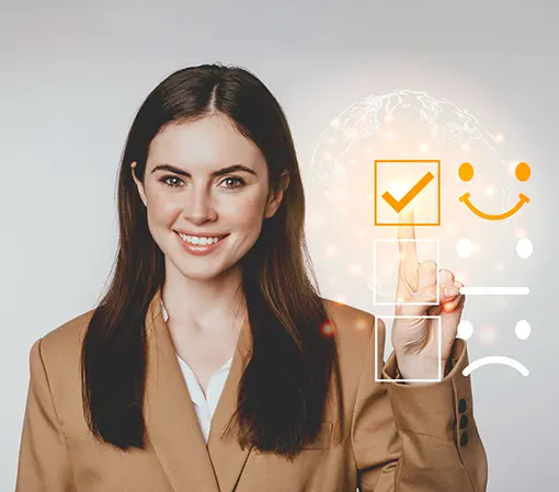 Young smiling brunette in brown suit checking satisfaction checklist box