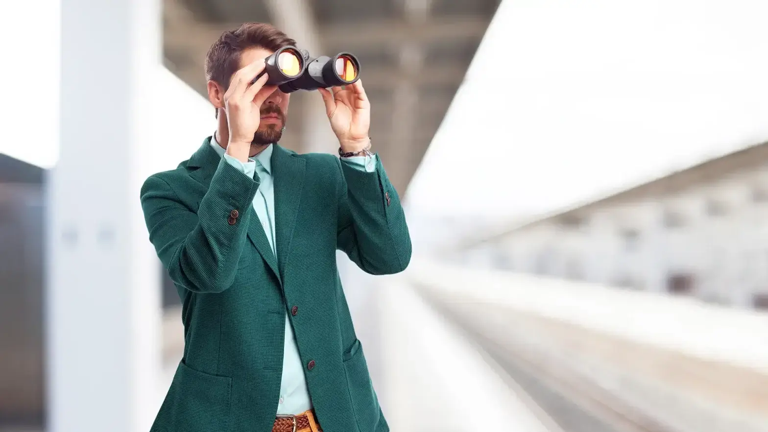 Caucasian man green suit goatee beard with binoculars photo editing